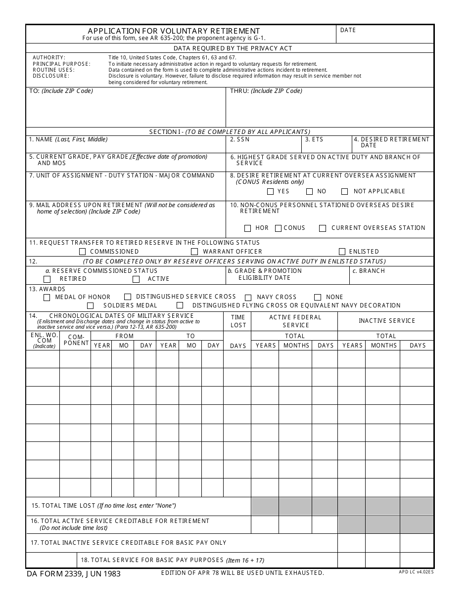 DA Form 2339 Application for Voluntary Retirement, Page 1