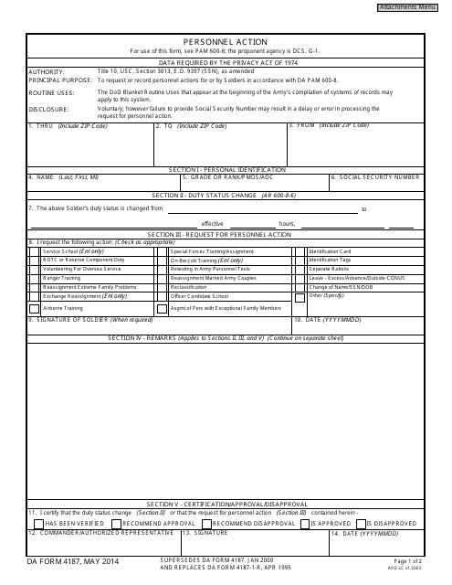 DA Form 4187 Download Printable PDF, Personnel Action | Templateroller