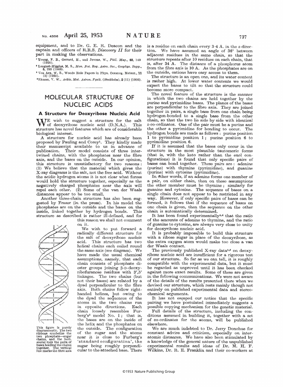 Molecular Structure of Nucleic Acids encompassing Deoxyribose Nucleic Acid - a defining study by renowned scientists J.D. Watson and F.H.C. Crick.