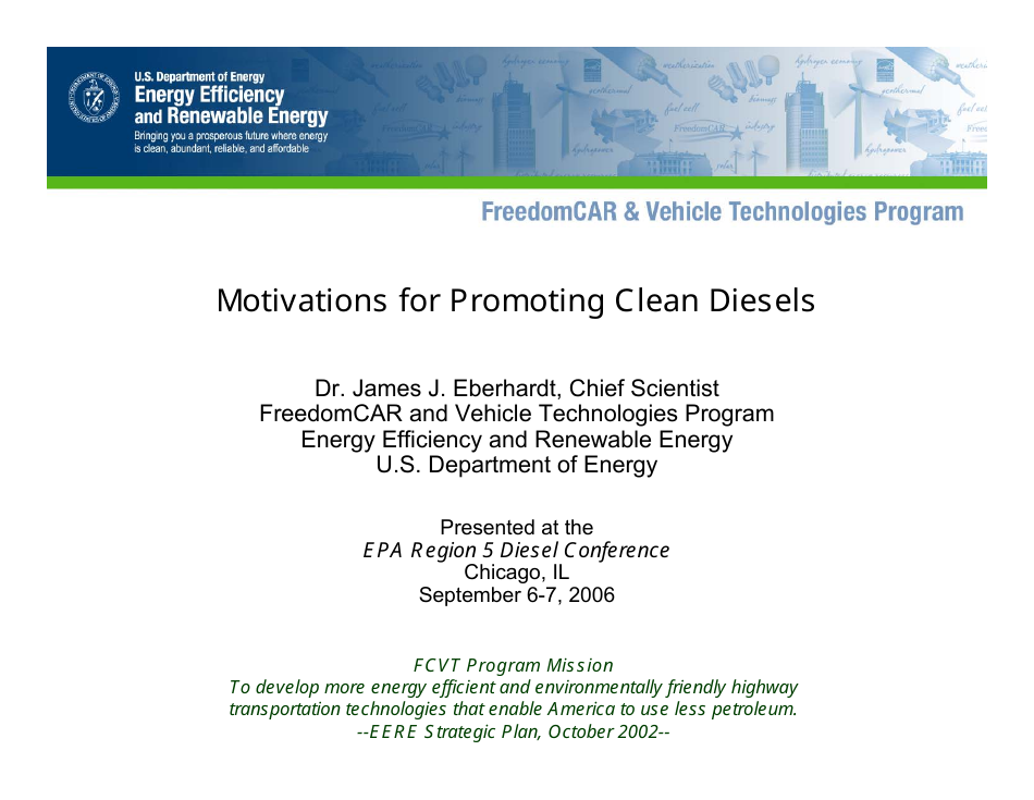 Motivations for Promoting Clean Diesels - Dr. James J. Eberhardt, Page 1