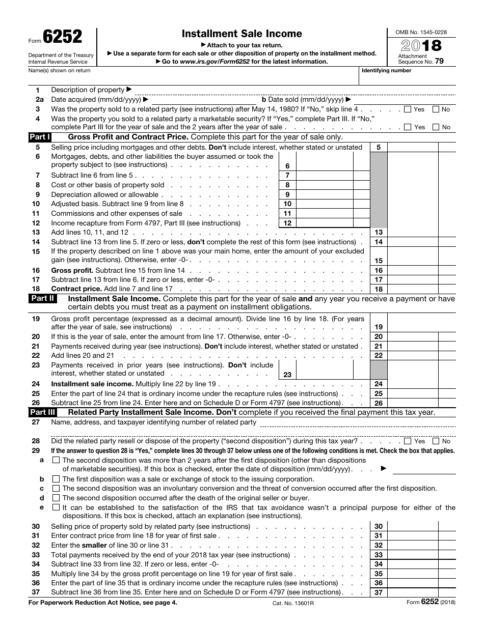 IRS Form 6252 2018 Fill Out, Sign Online and Download Fillable PDF