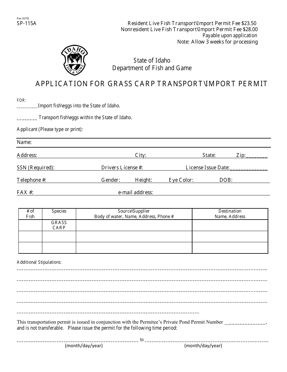 Form SP-115 Application for Grass Carp Transport import Permit - Idaho, Page 1