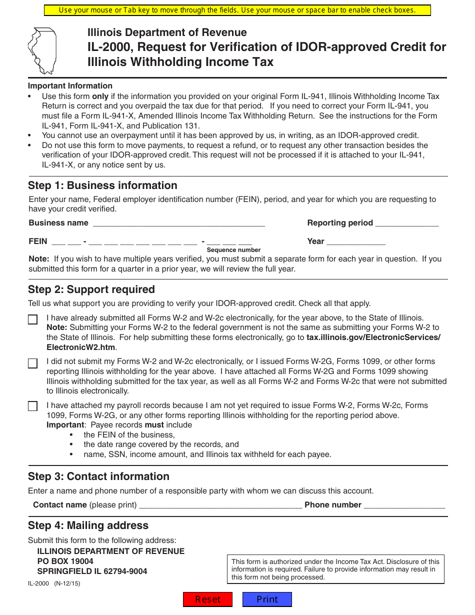 Form IL-2000 Request for Verification of Idor-Approved Credit for Illinois Withholding Income Tax - Illinois, Page 1
