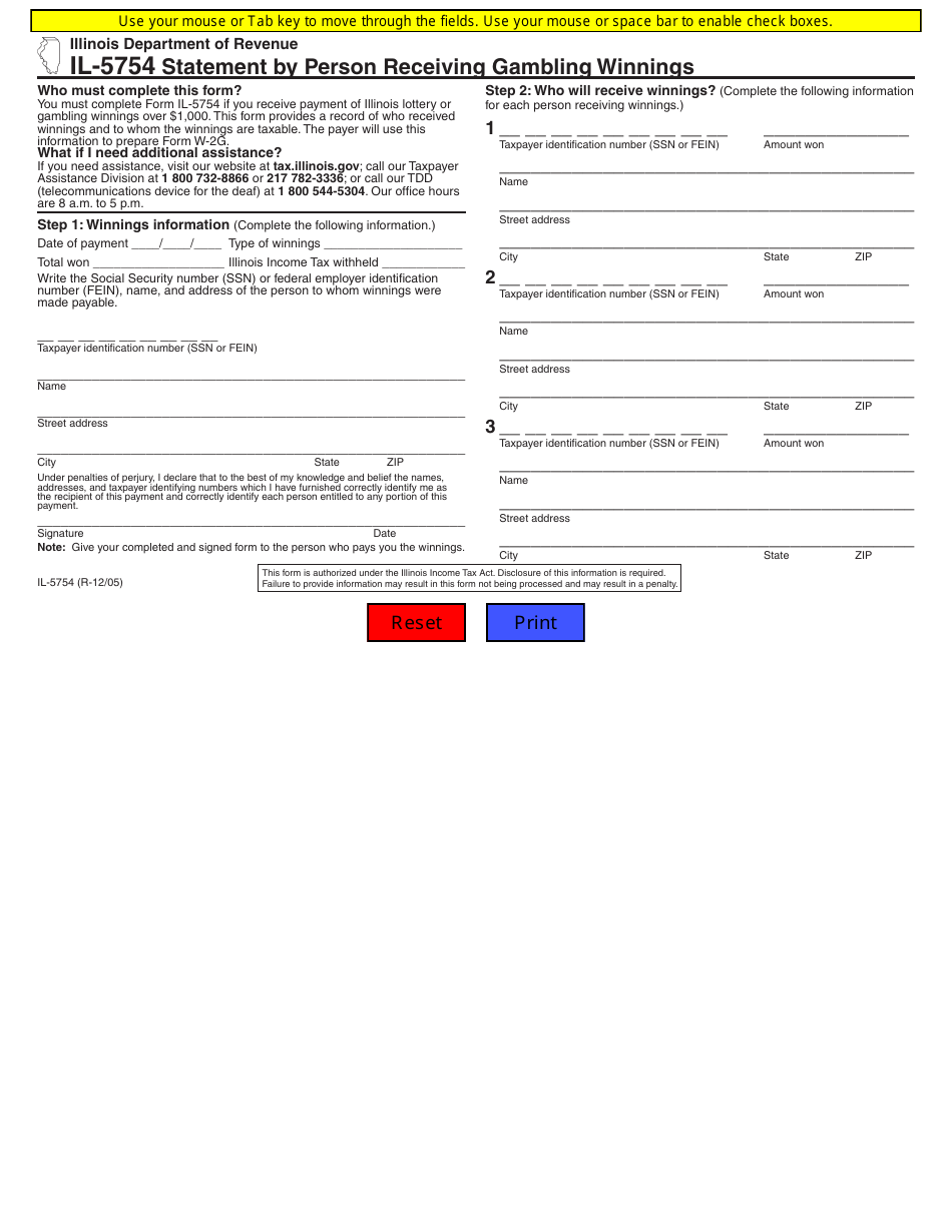 Form IL-5754 Statement by Person Receiving Gambling Winnings - Illinois, Page 1