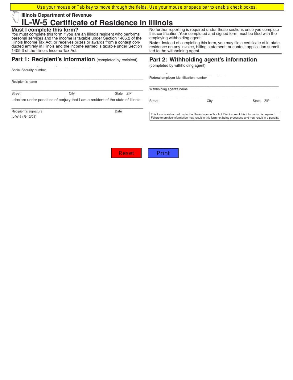 Form IL-W-5 Certificate of Residence in Illinois - Illinois, Page 1