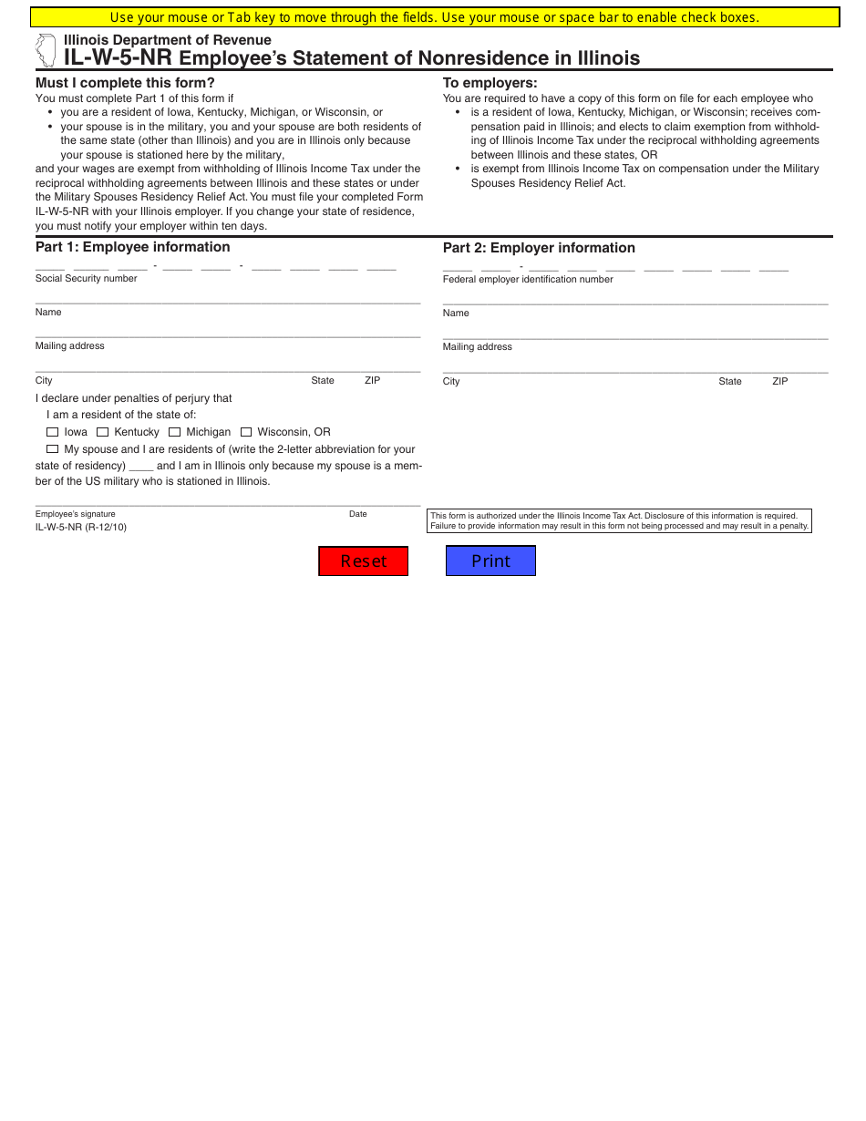 Form IL-W-5-NR Employees Statement of Nonresidence in Illinois - Illinois, Page 1