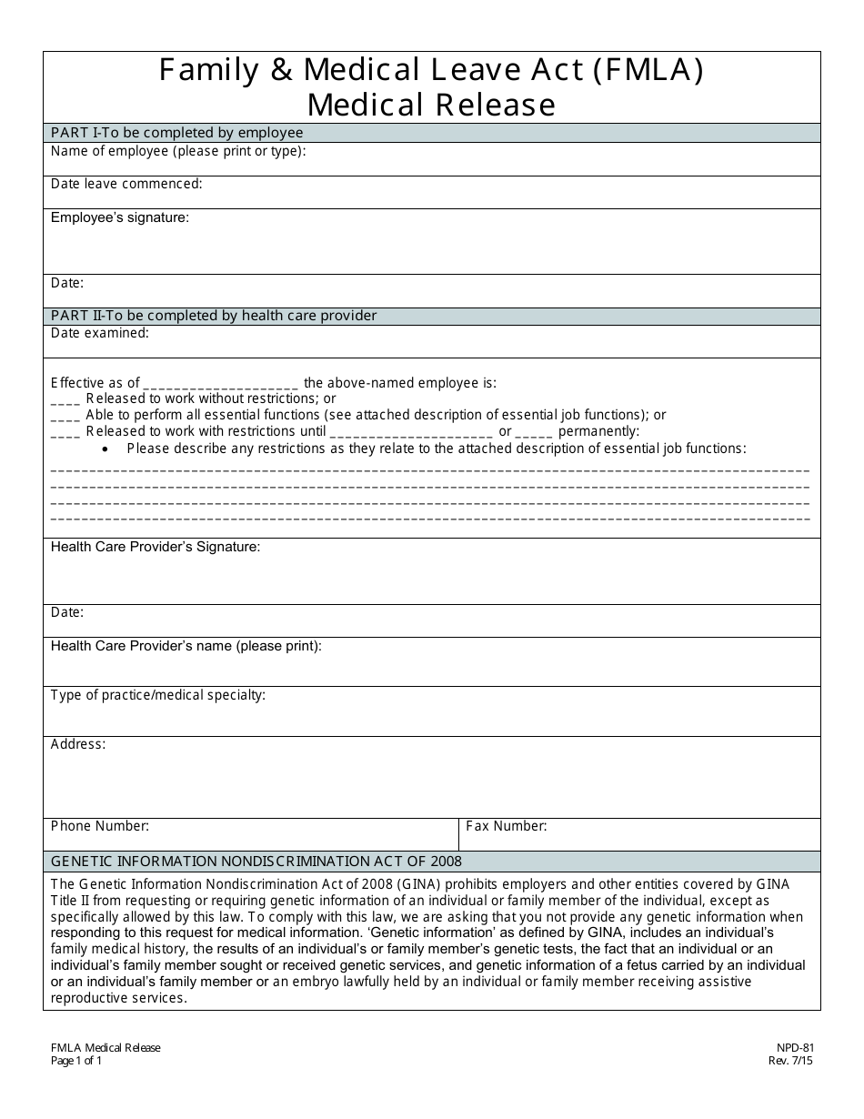 Form NPD-81 Fmla Medical Release - Nevada, Page 1