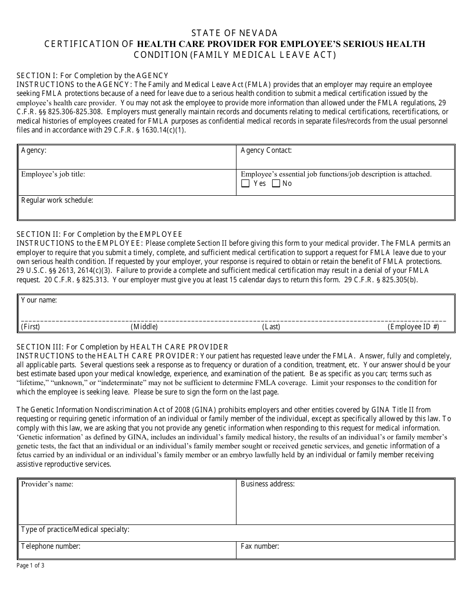 Fmla Certification of Health Care Provider for Employees - Nevada, Page 1