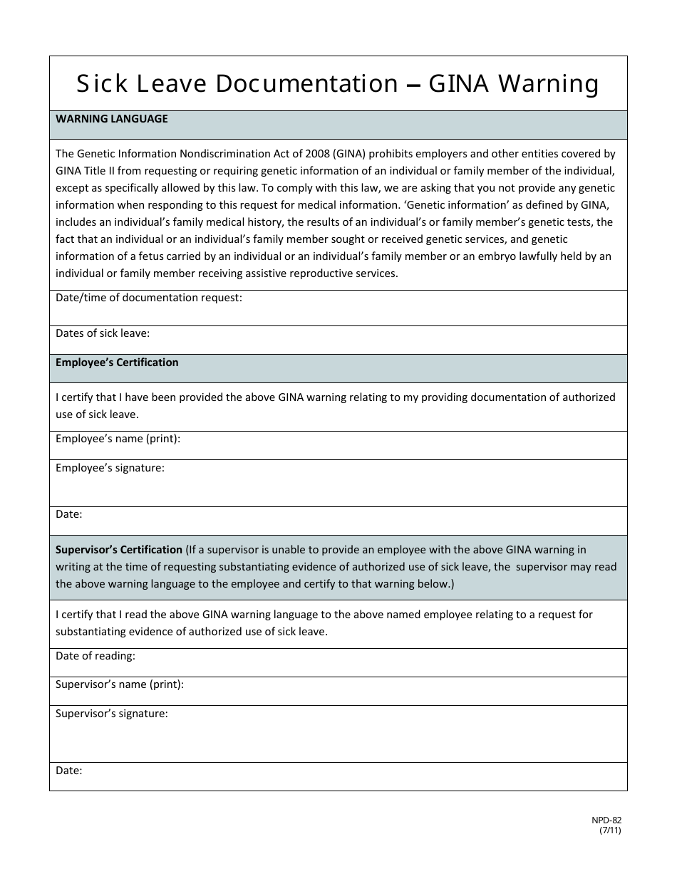 Form NPD-82 Sick Leave Documentation - Gina Warning - Nevada, Page 1