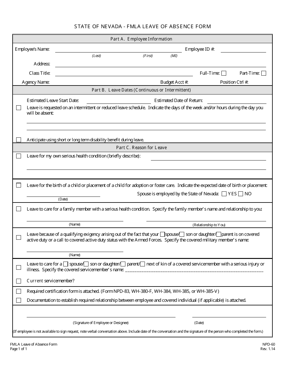 Form NPD-60 Fmla Leave of Absence Form - Nevada, Page 1