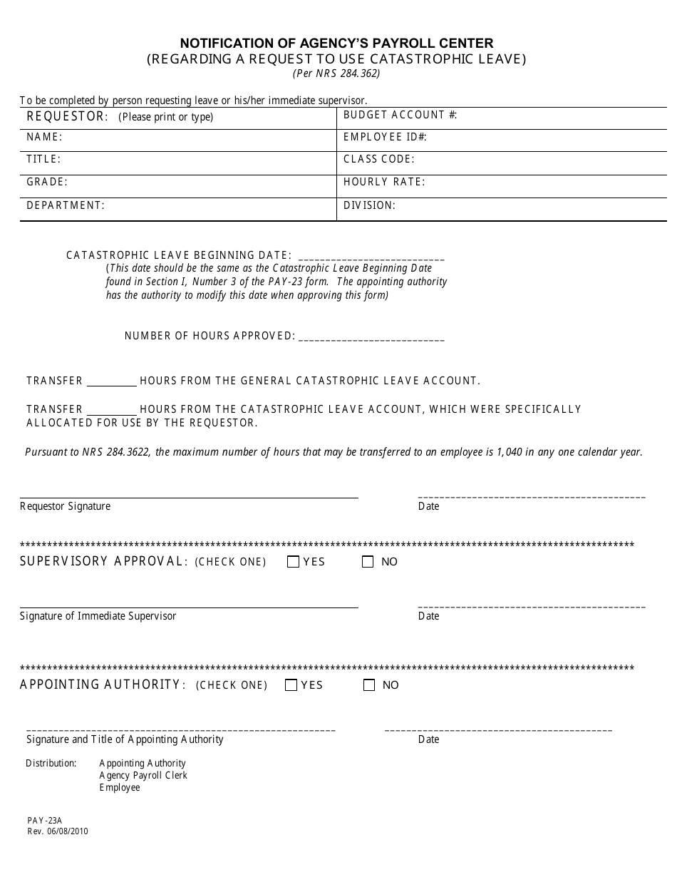 Form PAY-23A Notification of Agencys Payroll Center (Regarding a Request to Use Catastrophic Leave) - Nevada, Page 1