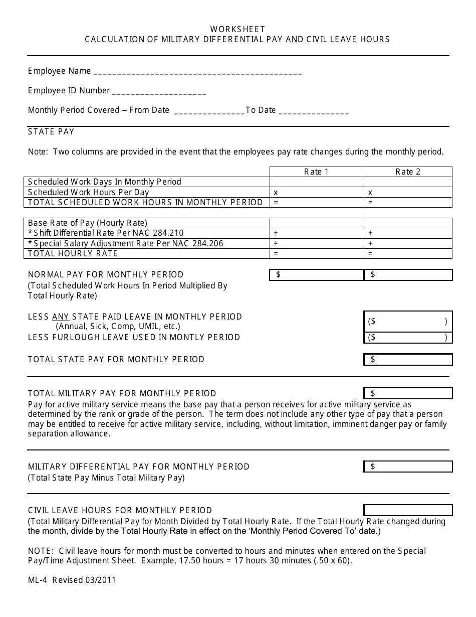 Form ML-4 Calculation of Military Differential Pay and Civil Leave Hours - Nevada, Page 1