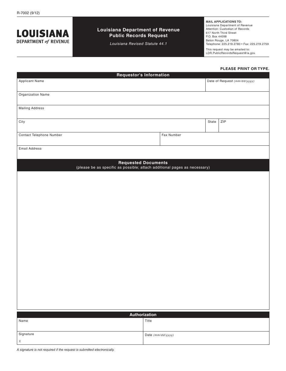 Form R-7002 Public Records Request Form - Louisiana, Page 1