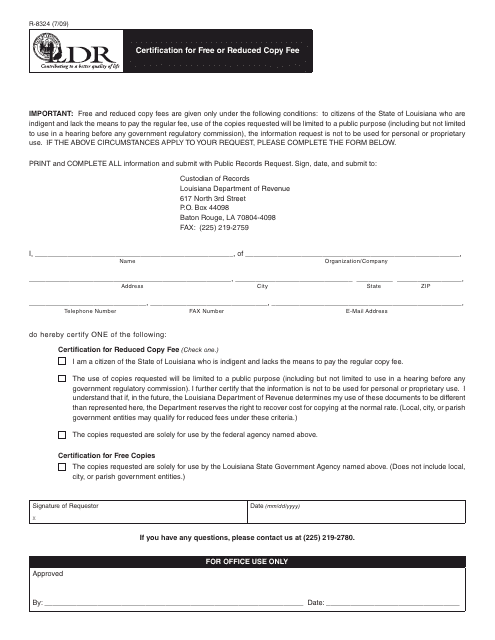 Form R-8324 Certification for Free or Reduced Copy Fee - Louisiana