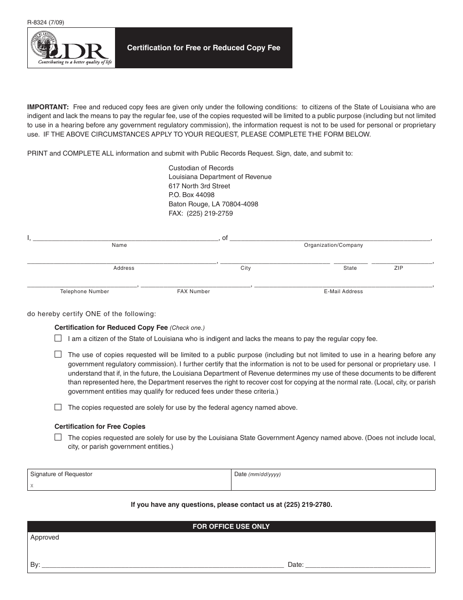 Form R-8324 Certification for Free or Reduced Copy Fee - Louisiana, Page 1