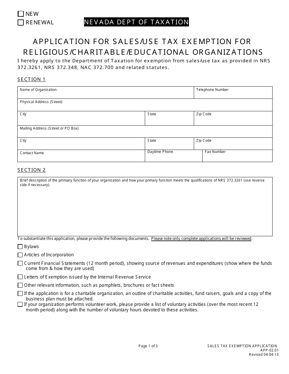 Form APP-02.01 Application for Sales / Use Tax Exemption for Religious / Charitable / Educational Organizations - Nevada, Page 1