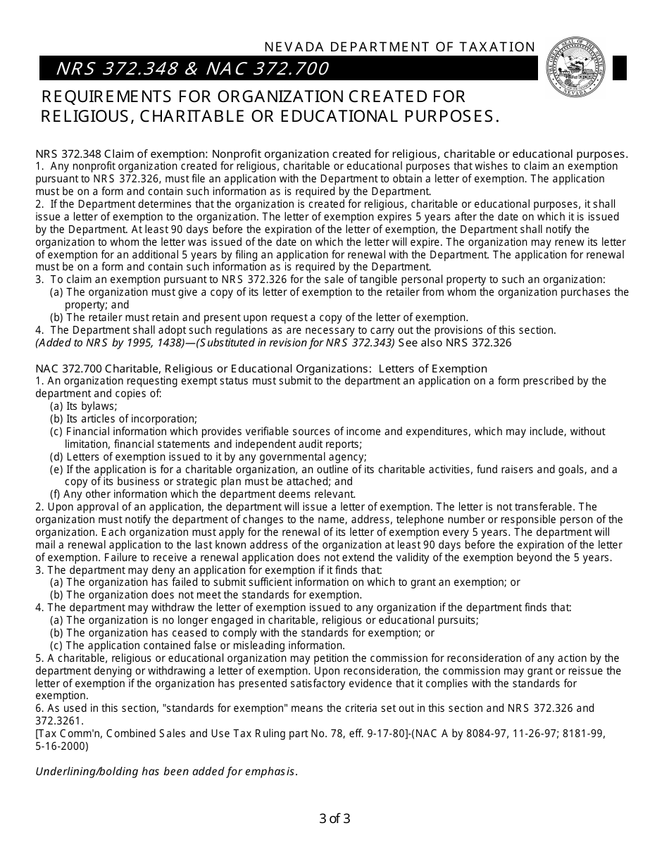 Form APP-02.01 Application for Sales / Use Tax Exemption for Religious / Charitable / Educational Organizations - Nevada, Page 3