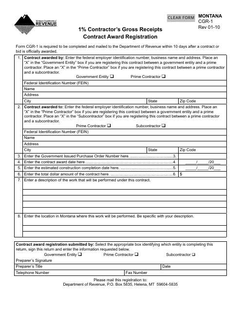 Form CGR-1 1% Contractor's Gross Receipts Contract Award Registration - Montana