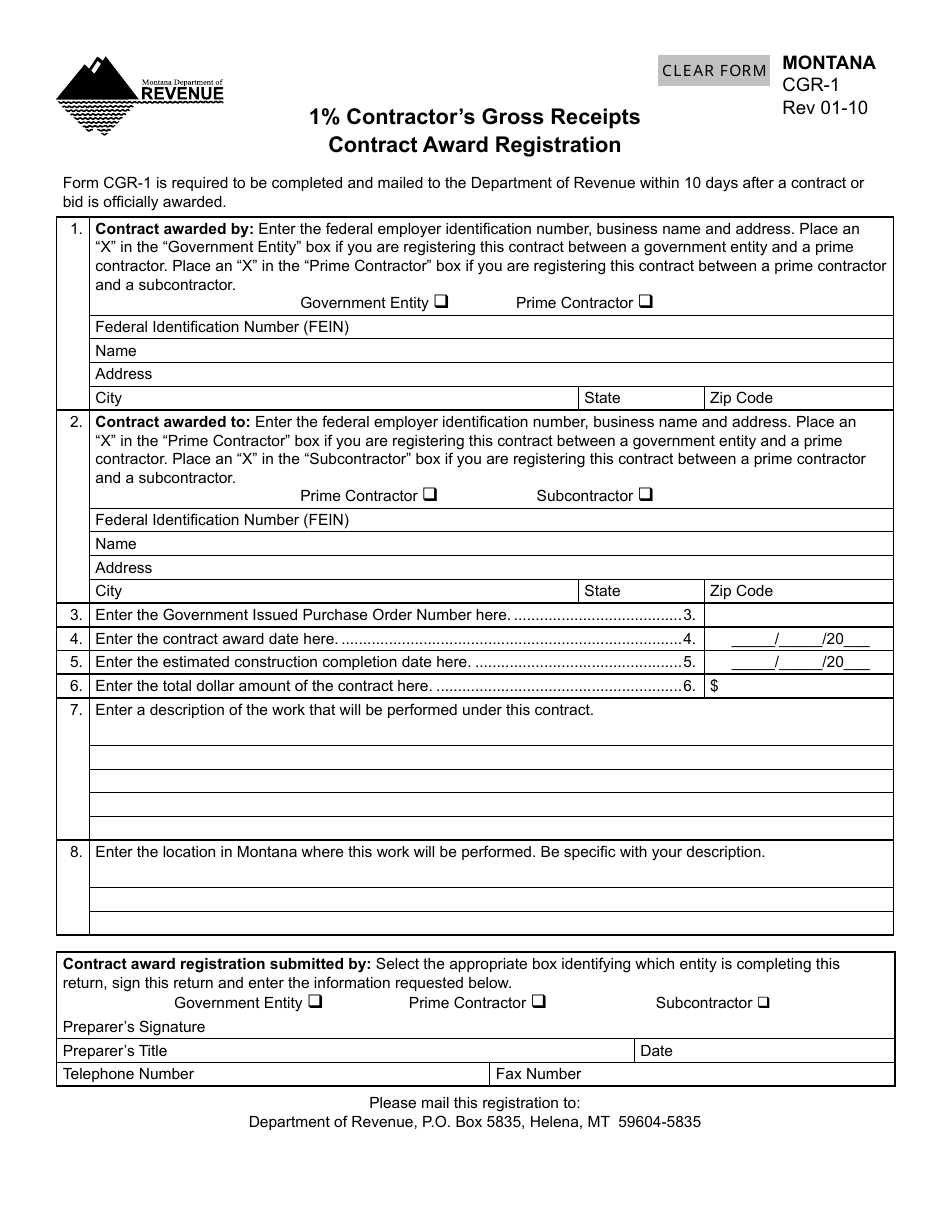Form CGR-1 1% Contractors Gross Receipts Contract Award Registration - Montana, Page 1