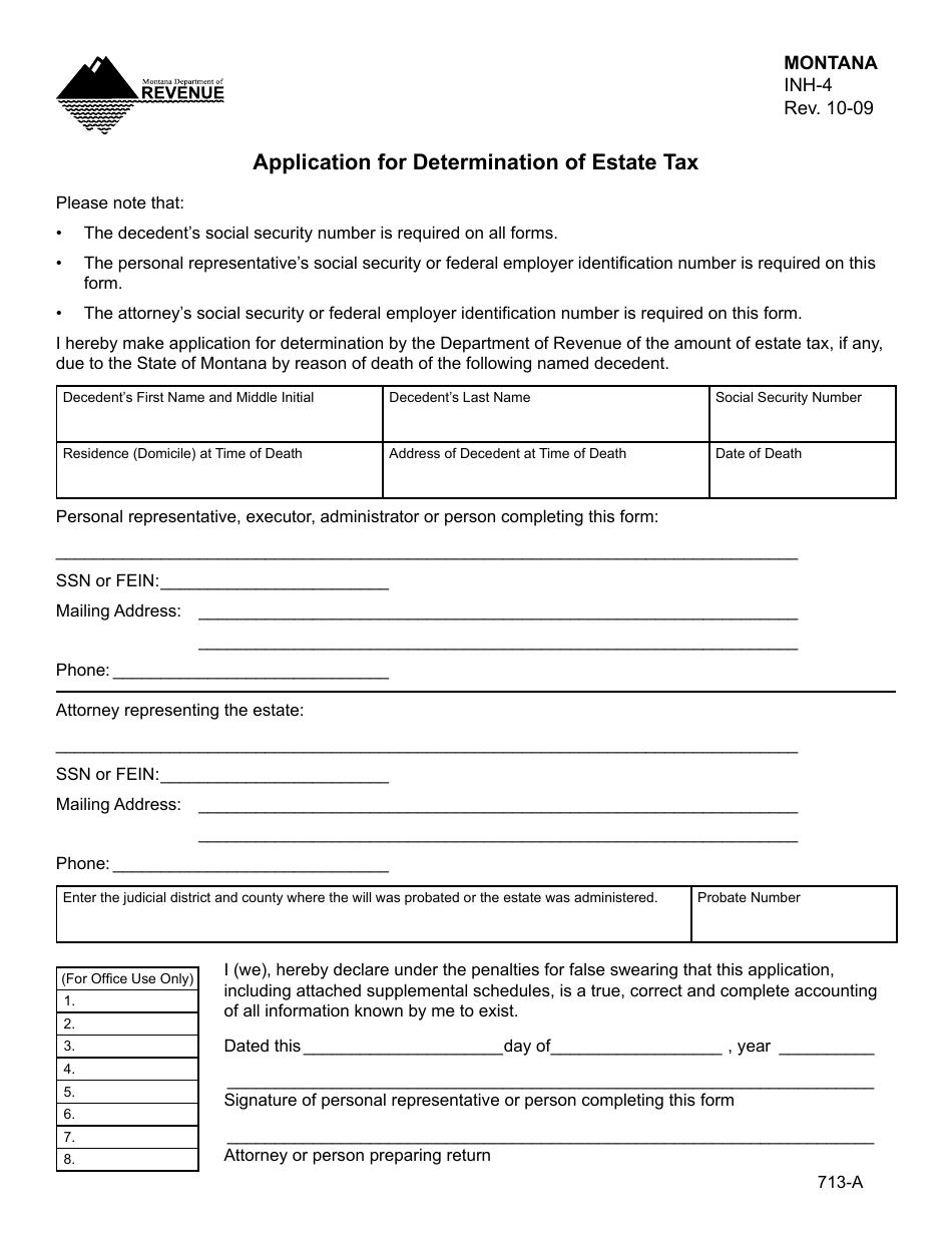Form INH-4 Application for Determination of Estate Tax - Montana, Page 1