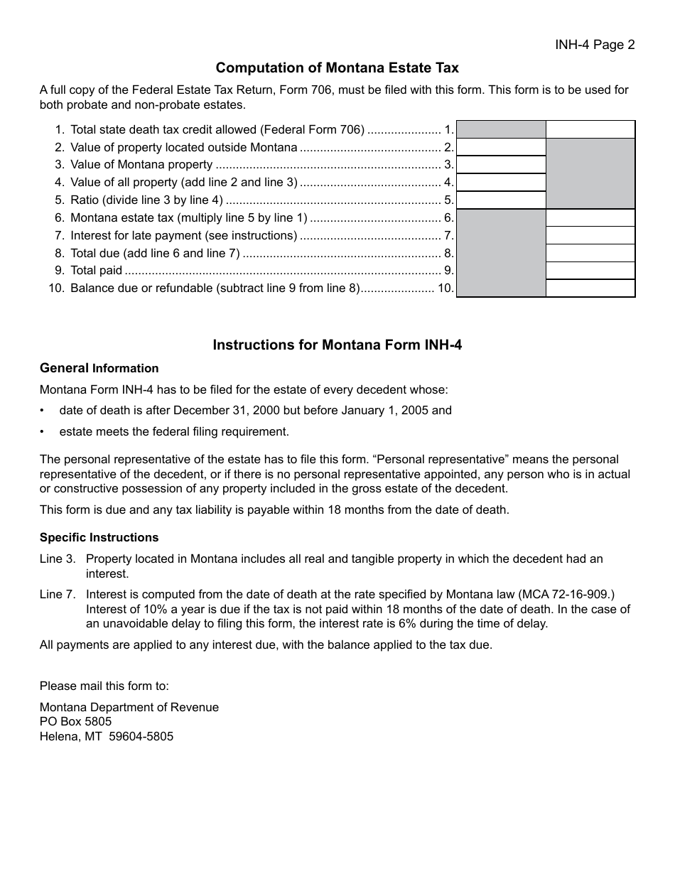Form INH-4 Application for Determination of Estate Tax - Montana, Page 2