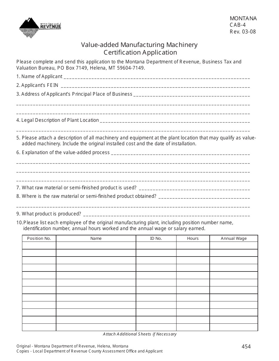 Form CAB-4 Value-Added Manufacturing Machinery Certification Application - Montana, Page 1