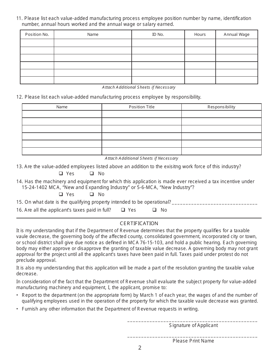 Form CAB-4 Value-Added Manufacturing Machinery Certification Application - Montana, Page 2