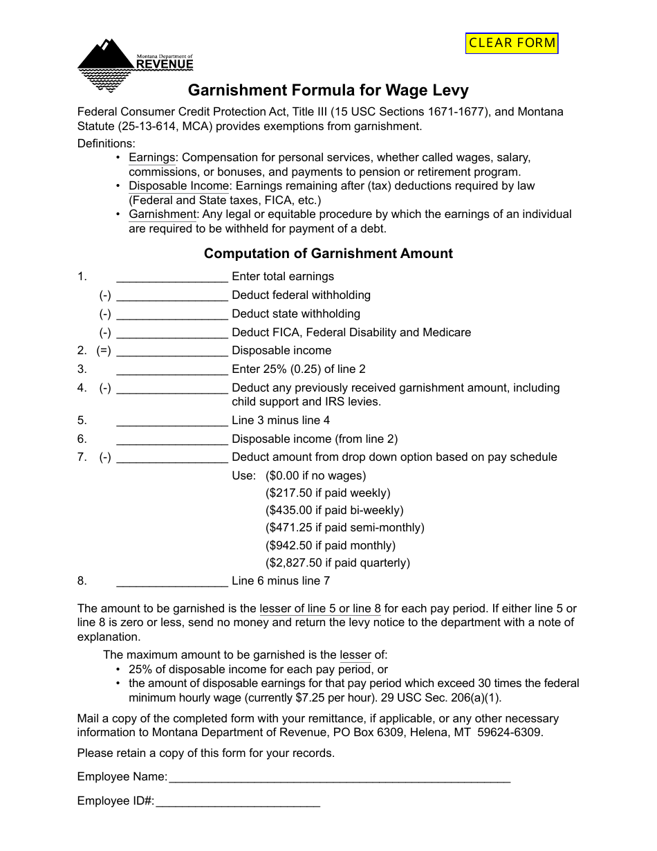 Garnishment Formula for Wage Levy - Montana, Page 1