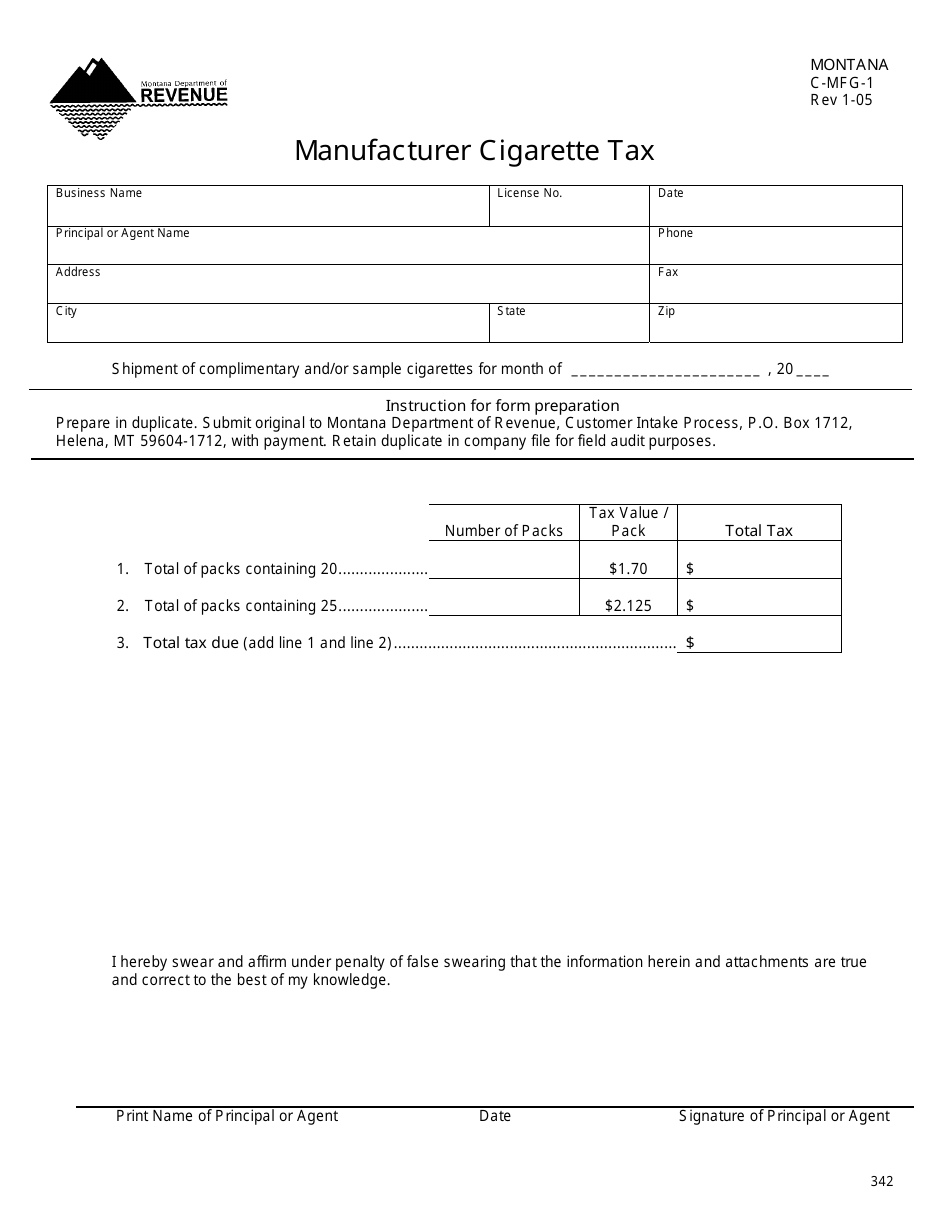 Form C-MFG-1 Manufacturer Cigarette Tax - Montana, Page 1