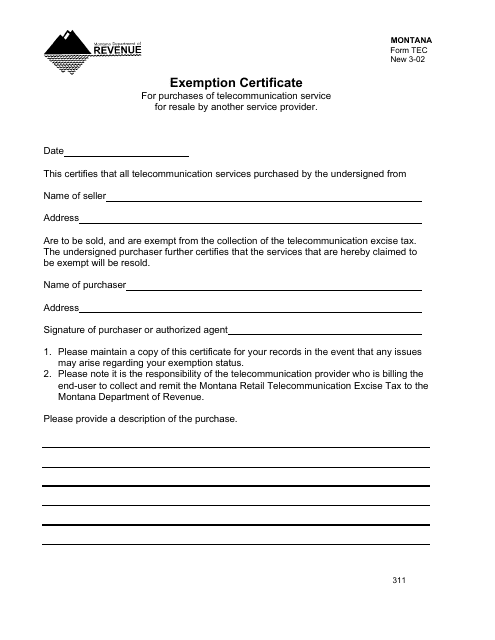 Form TEC Telecommunications Service Exemption Certificate - Montana