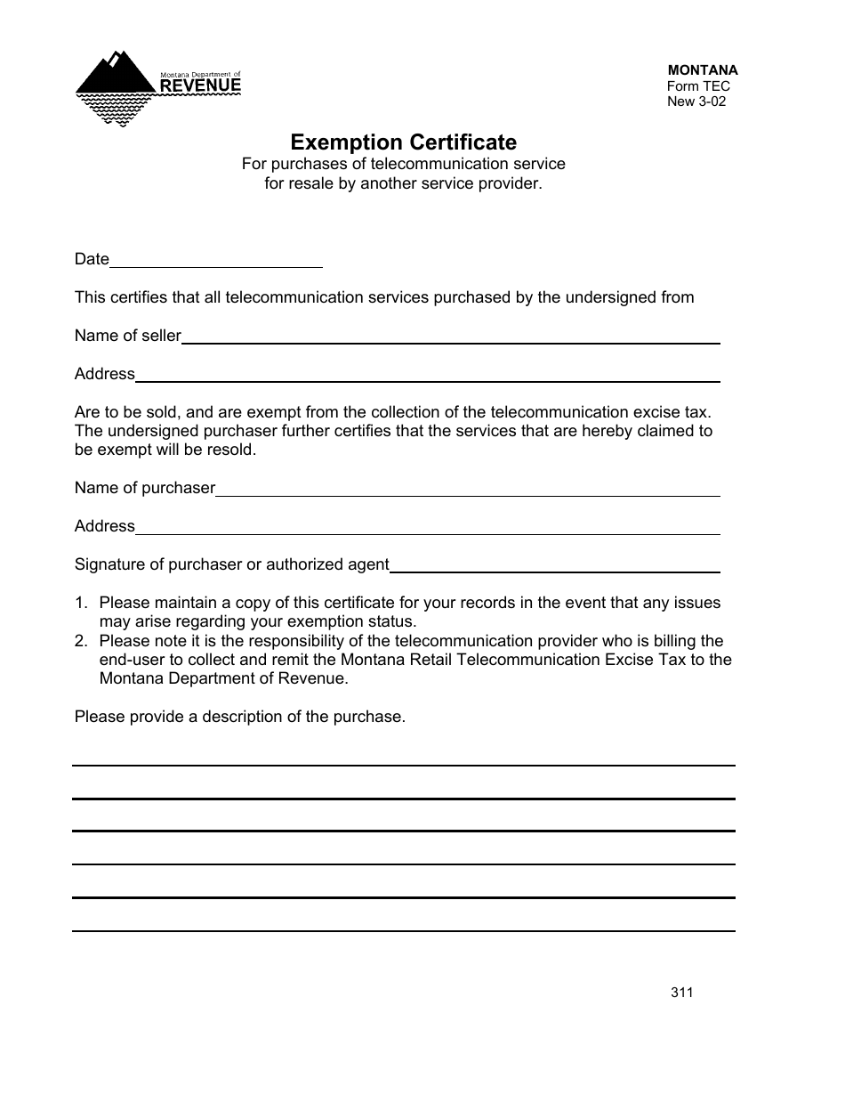Form TEC Telecommunications Service Exemption Certificate - Montana, Page 1