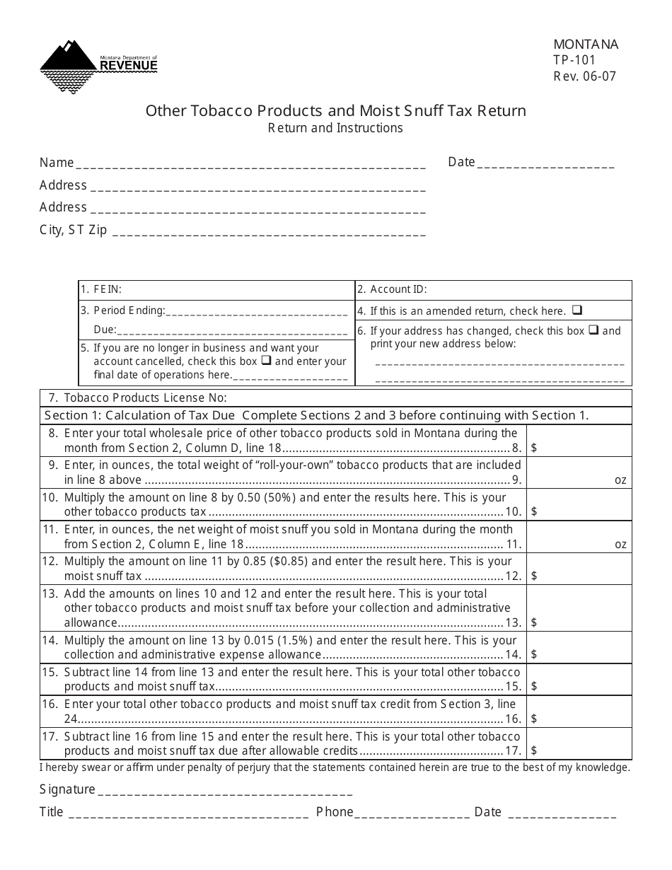 Form TP-101 Other Tobacco Products and Moist Snuff Tax Return - Montana, Page 1