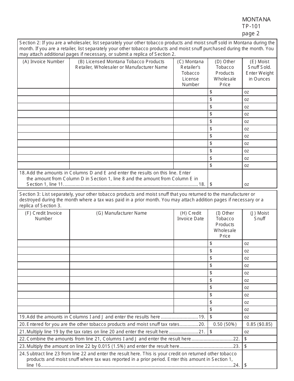 Form TP-101 Other Tobacco Products and Moist Snuff Tax Return - Montana, Page 2