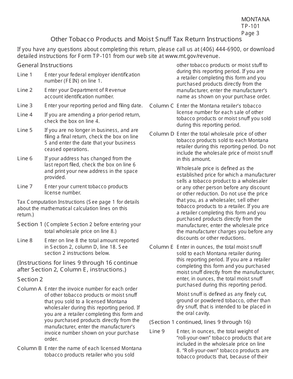 Form TP-101 Other Tobacco Products and Moist Snuff Tax Return - Montana, Page 3