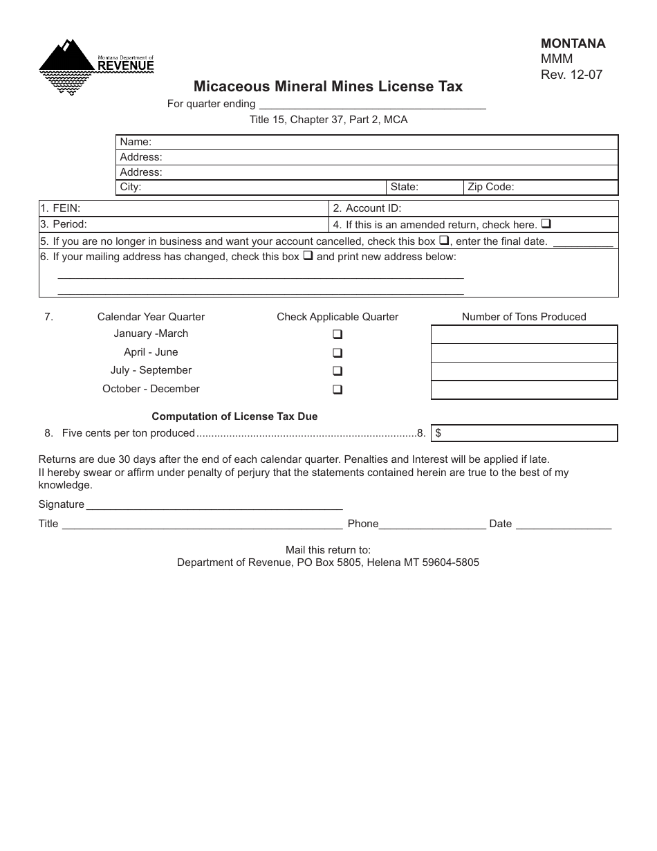 Form MMM Micaceous Mineral Mines License Tax - Montana, Page 1