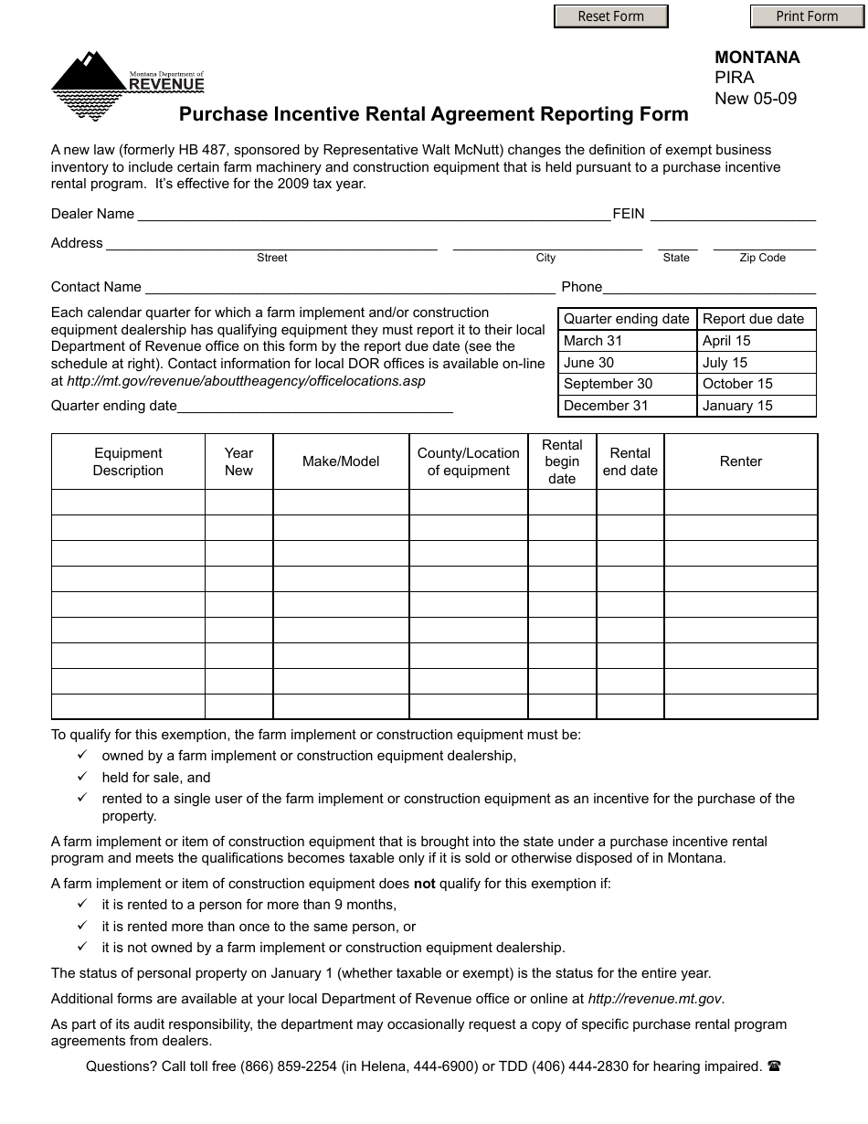 Form PIRA Purchase Incentive Rental Agreement Reporting Form - Montana, Page 1