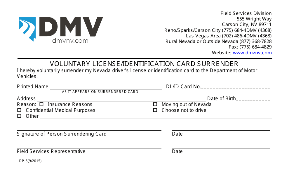 Form DP-5 Voluntary License/Identification Card Surrender - Nevada