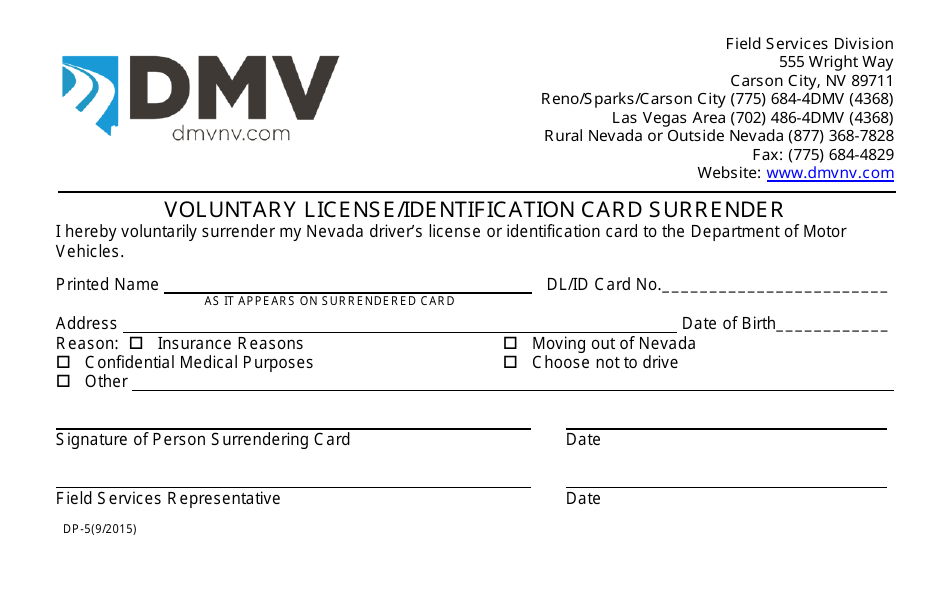 Form DP-5 Voluntary License/Identification Card Surrender - Nevada, Page 1