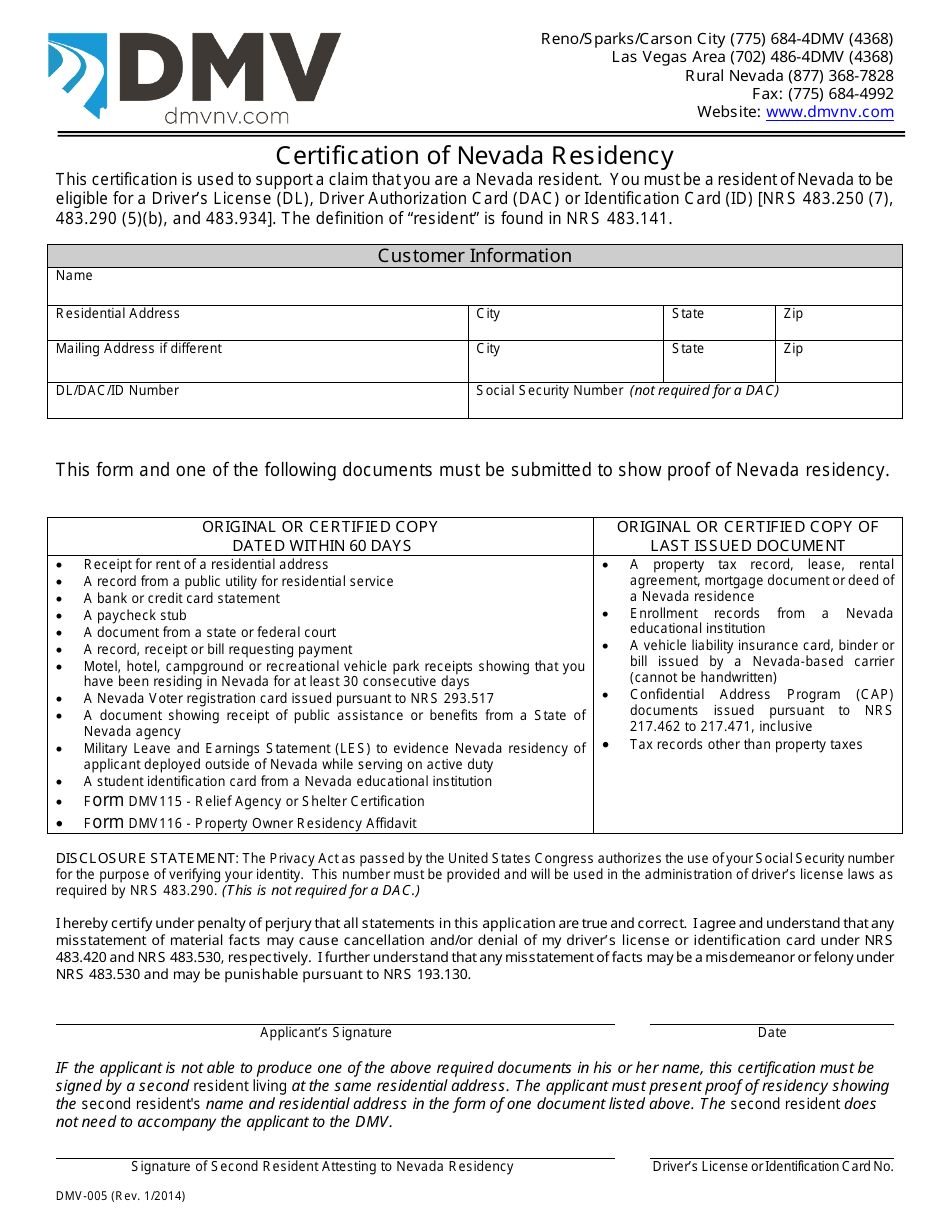 Form DMV-005 Certification of Nevada Residency - Nevada, Page 1