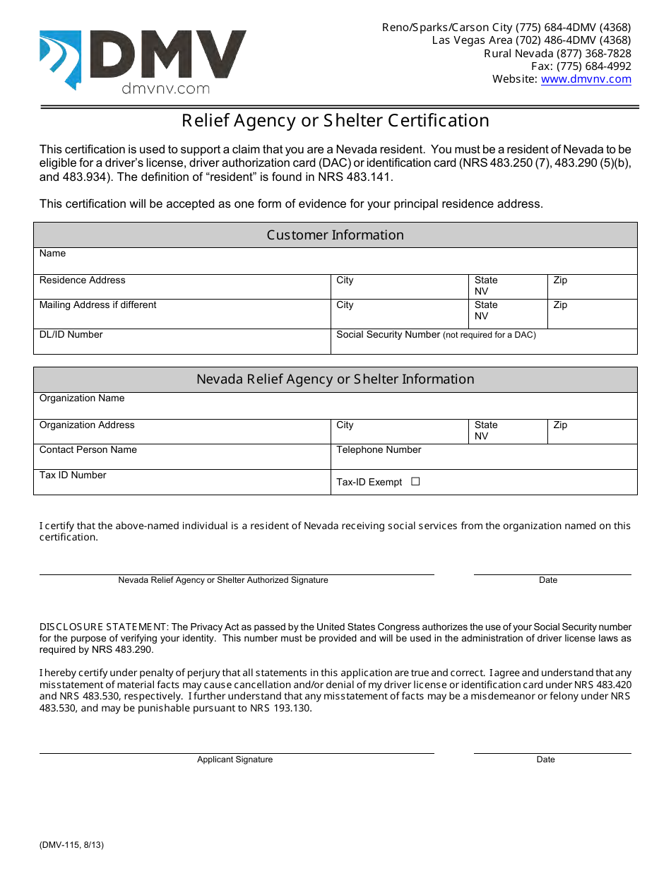 Form DMV-115 Relief Agency or Shelter Certification - Nevada, Page 1