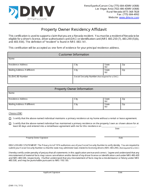 Form DMV-116 Property Owner Residency Affidavit - Nevada