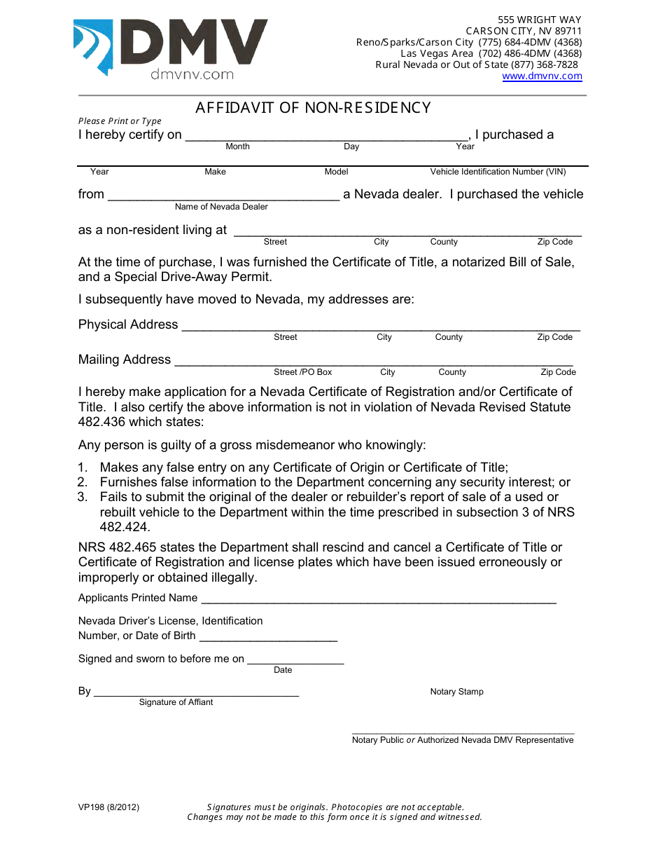 Form VP198 Affidavit of Non-residency - Nevada, Page 1