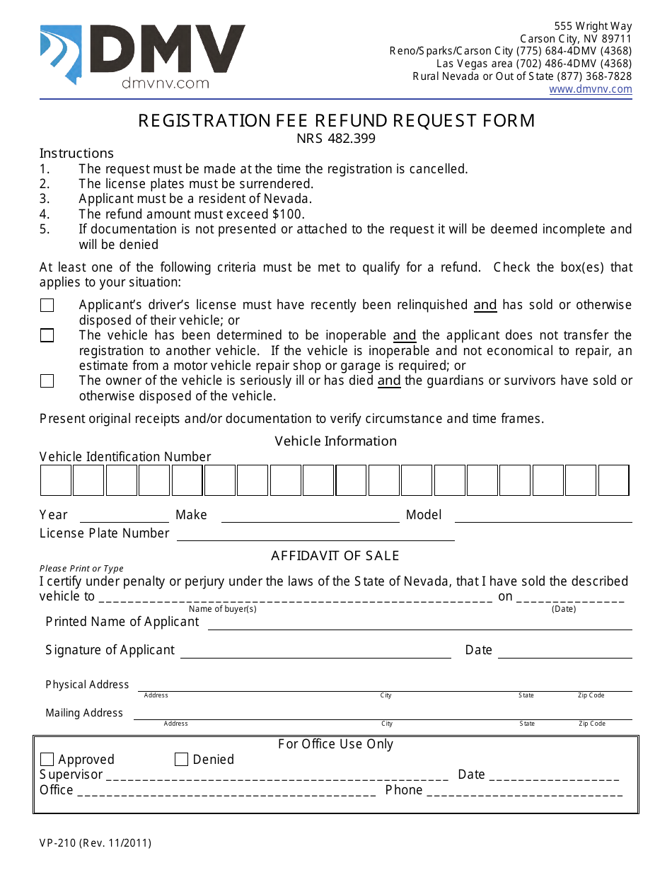 Form VP210 Registration Fee Refund Request Form - Nevada, Page 1