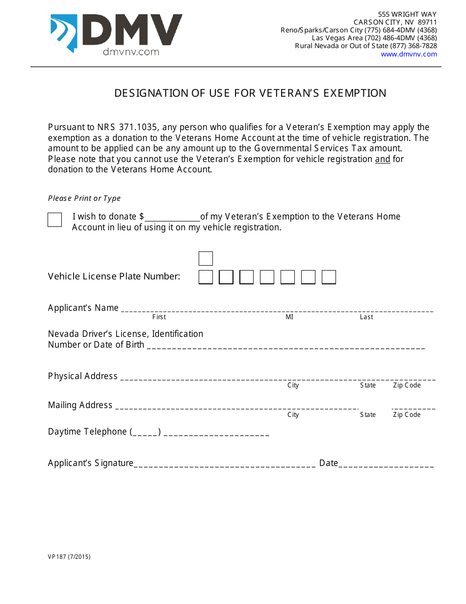 Form VP187 Fill Out, Sign Online and Download Fillable PDF, Nevada