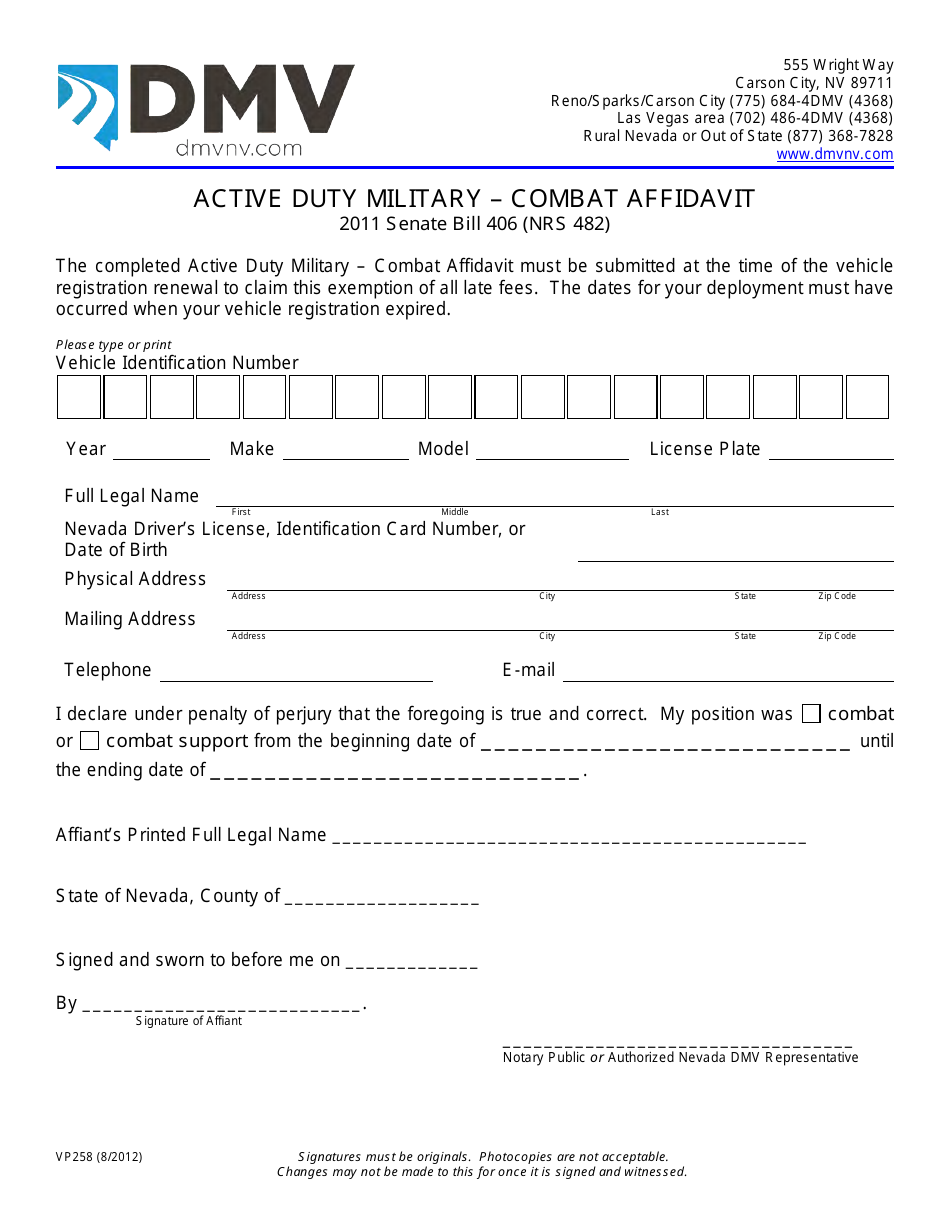 Form VP258 Active Duty Military - Combat Affidavit - Nevada, Page 1