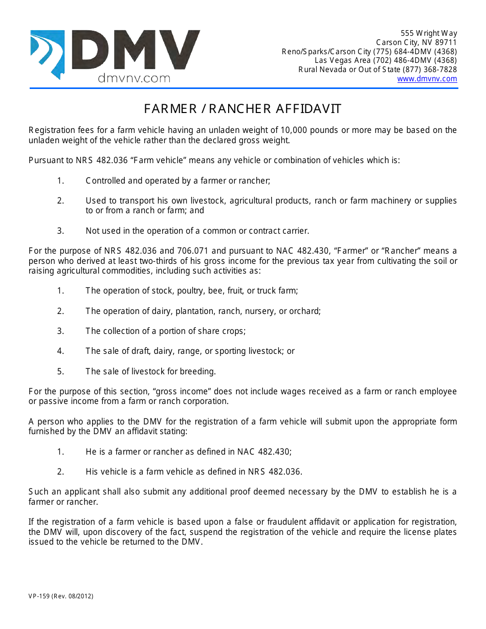Form VP159 Farmer / Rancher Affidavit - Nevada, Page 1