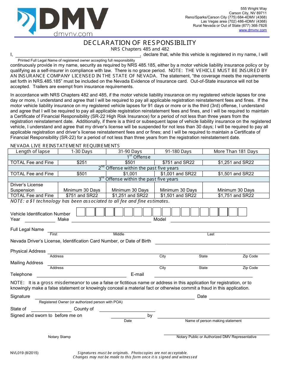 Form NVL019 Declaration of Responsibility - Nevada, Page 1