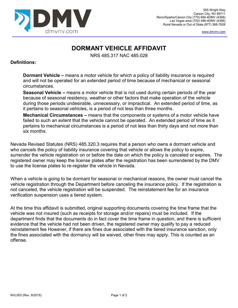 Form NVL003 Dormant Vehicle Affidavit - Nevada, Page 1