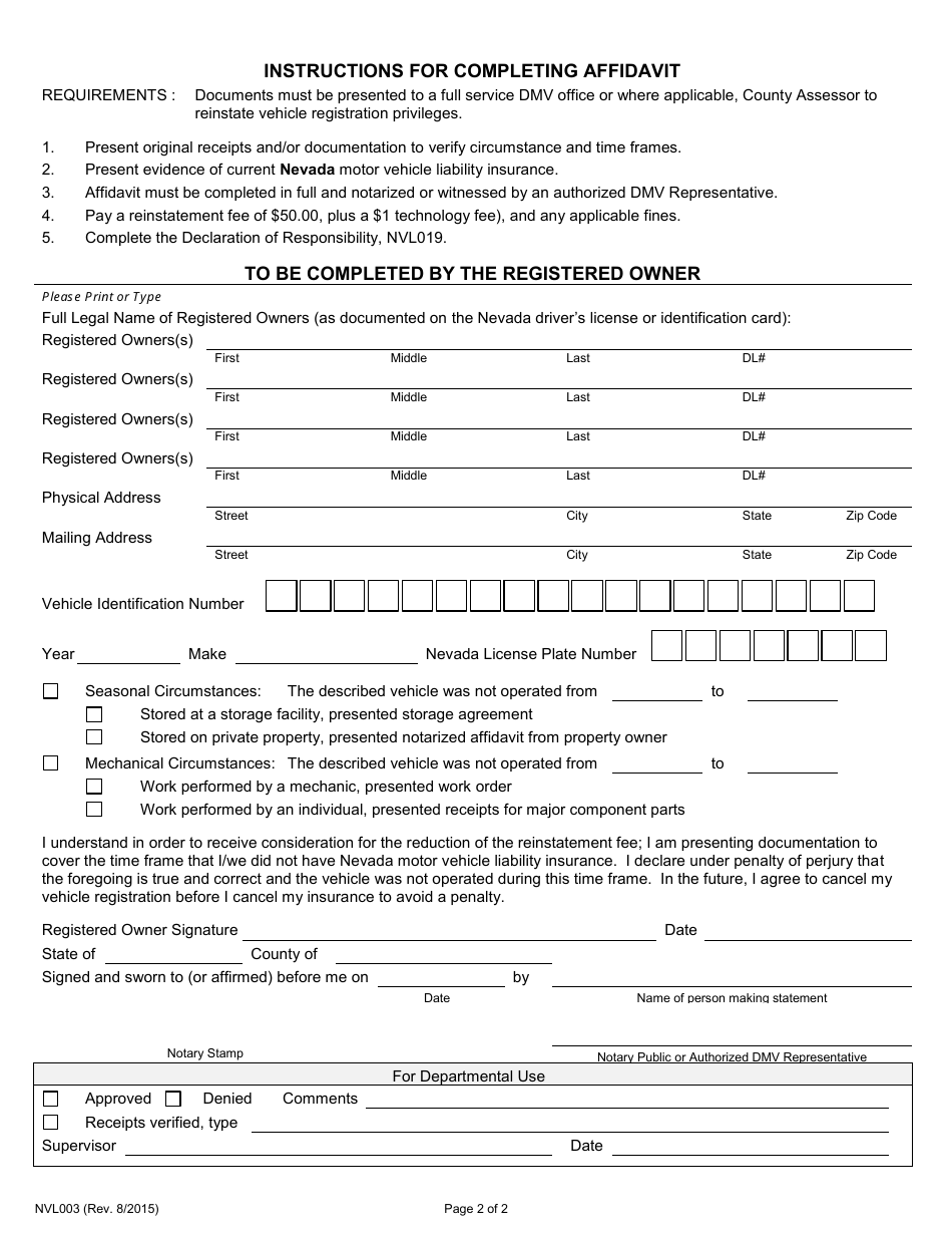 Form NVL003 Dormant Vehicle Affidavit - Nevada, Page 2