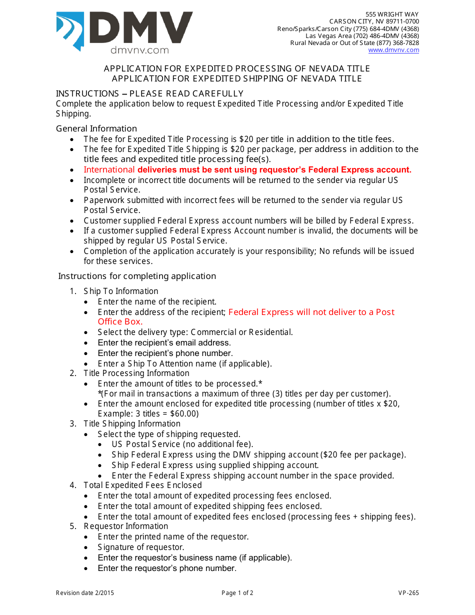 Form VP-265 Application for Expedited Processing / Shipping of Nevada Title - Nevada, Page 1